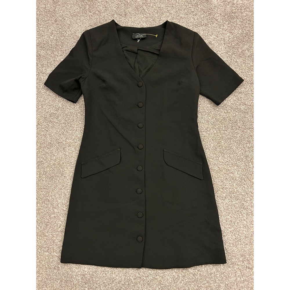 VICI Button Down Mini Dress Womens XS Black Excellent V-Neck Short Sleeve Pocket